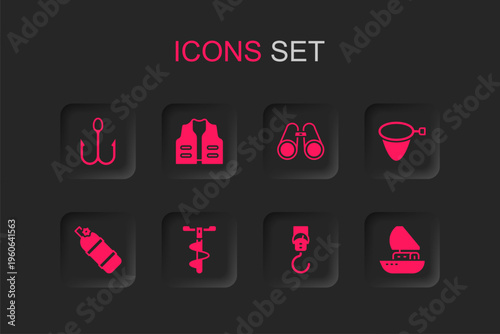 Set Hand ice drill, Fishing jacket, hook, Spring scale, net, Yacht sailboat, Binoculars and Aqualung icon. Vector