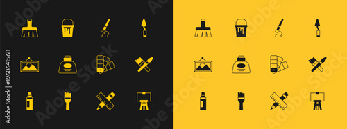 Set Palette knife, Paint brush, Color palette guide, Crossed ruler and pencil, Inkwell, and bucket icon. Vector