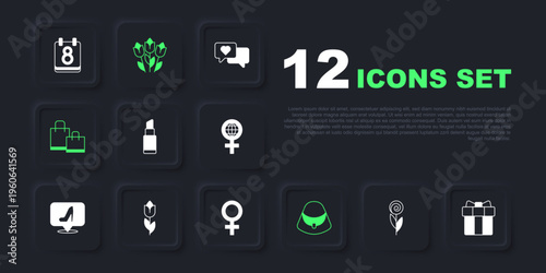 Set Flower, Gift box and heart, Lipstick, Handbag, Paper shopping, tulip, and Female gender symbol icon. Vector