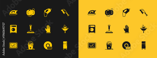 Set Brush for cleaning, Bucket with foam and bubbles, Rubber gloves, Washing dishes, cleaner windows, Portable vacuum, Electric iron and Bar of soap icon. Vector