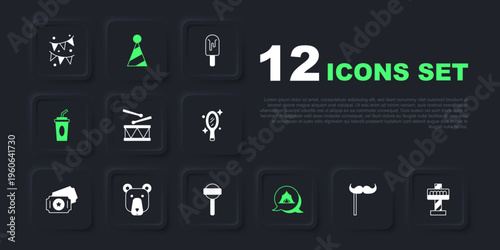 Set Paper mustache on stick, Attraction carousel, Drum with drum sticks, Circus tent, glass water, Bear head, Party hat and Lollipop icon. Vector