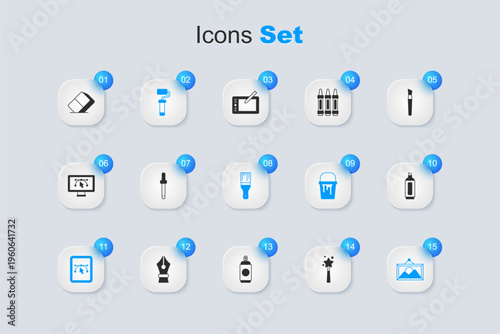 Set Magic wand, Eyedropper color picker palette, Paint roller brush, Computer with design program, Picture landscape, Marker pen, Eraser rubber and icon. Vector