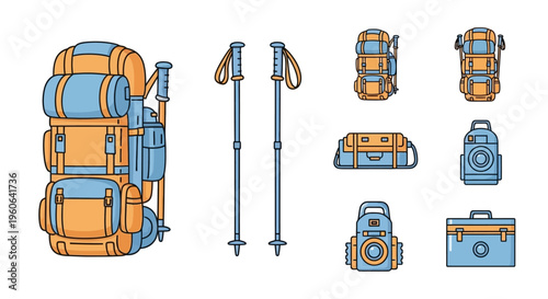 Hiking Backpacks and Accessories Illustration.