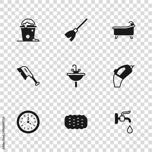 Set Sponge, Portable vacuum cleaner, Water tap, Washbasin, Bathtub, Bucket with foam and bubbles, Handle broom and Brush for cleaning icon. Vector
