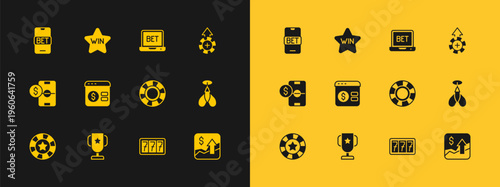 Set Casino chips, poker trophy cup, Slot machine with jackpot, Online table game, sports betting, and win icon. Vector