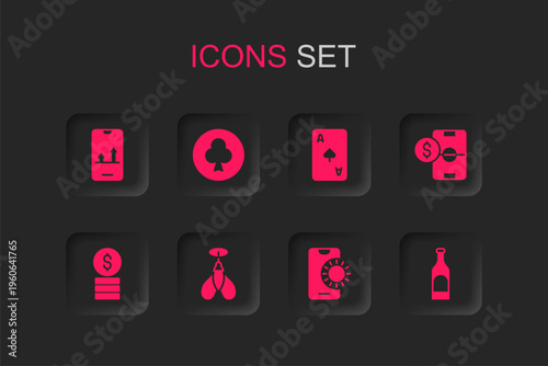 Set Dart arrow, Playing card with clubs symbol, Online sports betting, Football money, Bottle of wine, spades and Casino chip dollar icon. Vector