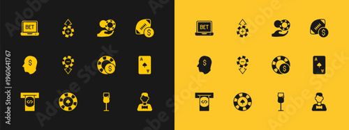 Set American football betting money, Casino chips, Wine glass, Hand holding casino, Online sports and icon. Vector