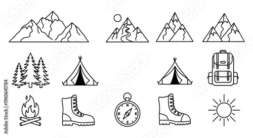 Camping icons and travel symbols set.