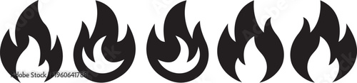 Fire Flame Icon Set – Black Silhouette Flame Symbols, Simple Heat and Energy Icons