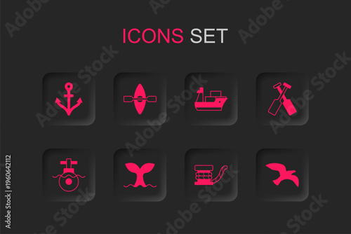Set Whale tail, Kayak and paddle, Anchor, Marine bollard with rope, Crossed oars paddles boat, Bird seagull, Cargo ship and Submarine icon. Vector