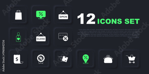 Set Wallet, Add to Shopping cart, Hanging sign with text Closed, Location percent, Heart tag, Discount, and cardboard box icon. Vector