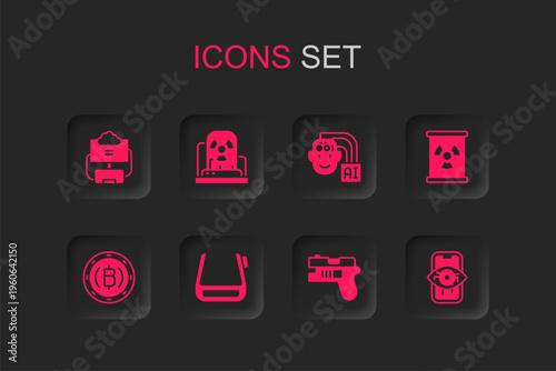 Set Smart glasses on spectacles, Radioactive warning lamp, Cloud database, Futuristic weapon, waste barrel, Computer vision, Humanoid robot and Cryptocurrency coin Bitcoin icon. Vector