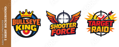 Bullseye king shooter force and target raid gaming logo badges for esports team identity.