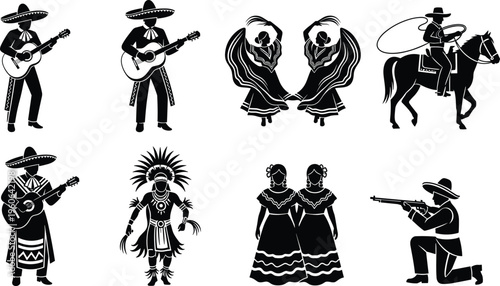 Mexican Culture Silhouette Vector Set Featuring Mariachi Musicians Traditional Dancers Charro On Horseback Aztec Warrior And Folk Characters For Cinco De Mayo Celebration Designs
