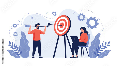 Business team focuses on hitting targets and optimizing processes symbolized by a man with a bow and a woman with gears.