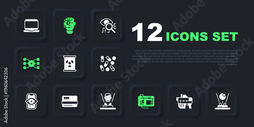 Set Futuristic weapon, Hologram, Radioactive waste in barrel, Motherboard, Neural network, Credit card, Smart glasses spectacles and icon. Vector
