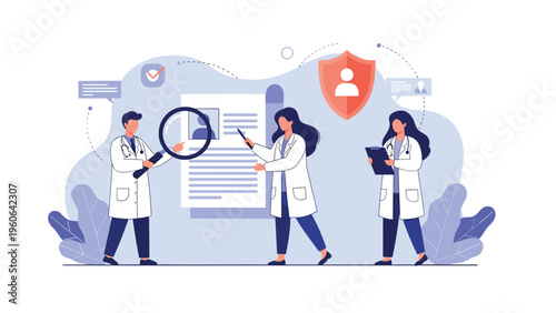 Medical team collaborates on a patient diagnosis by reviewing health records and medical history on a large profile board.