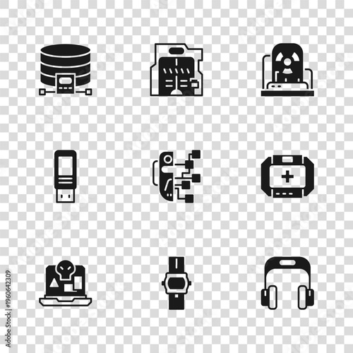 Set Wrist watch, First aid kit, Headphones, Humanoid robot, Radioactive warning lamp, Cloud database, Futuristic sliding doors and USB flash drive icon. Vector