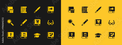 Set Book, Law book, History, Graduation cap, Pencil with eraser, Fountain pen nib, Daily paper notepad and Decree, parchment, scroll icon. Vector