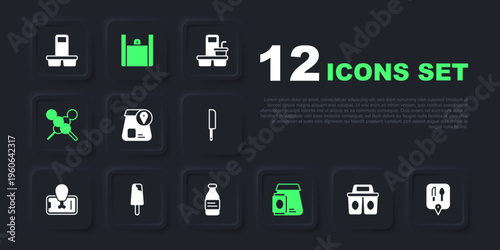 Set Coffee cup to go, Cafe and restaurant location, Online ordering food, Meatballs wooden stick, Ice cream, and Bottle water icon. Vector