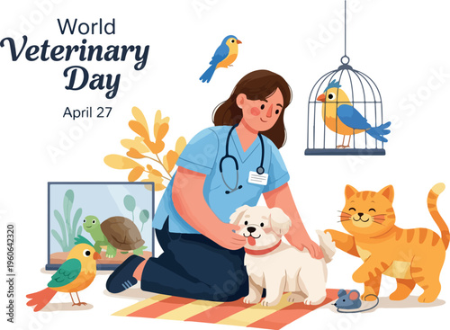 Celebrating World Veterinary Day with a caring veterinarian tending to various animals including a dog, cat, bird, and turtle