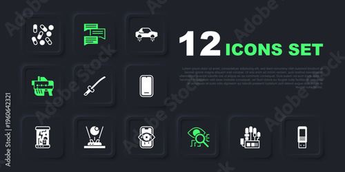 Set Mechanical robot hand, USB flash drive, Katana, Eye scan, Futuristic weapon, Hologram, Speech bubble chat and Computer vision icon. Vector