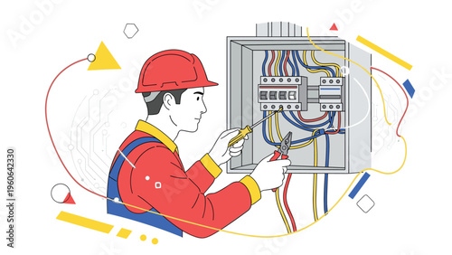 Skilled electrician in safety gear carefully repairing or installing electrical wiring inside a professional circuit breaker panel.