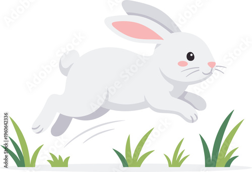 A white rabbit jumps quickly through green grass in a natural landscape.