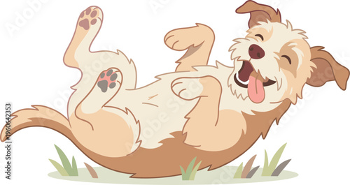 A playful dog rolling on grass with tongue out in a happy outdoor scene with lawn.