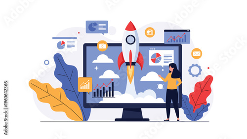 Business analyst demonstrating successful project metrics and startup growth on a digital screen featuring a rising space rocket.