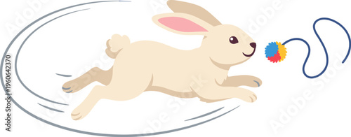 A cute rabbit runs quickly outside chasing a colorful ball toy.