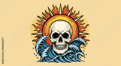 Skull with fiery sun and ocean waves illustration