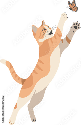 A curious cat playfully reaches for a fluttering butterfly outside in daytime.