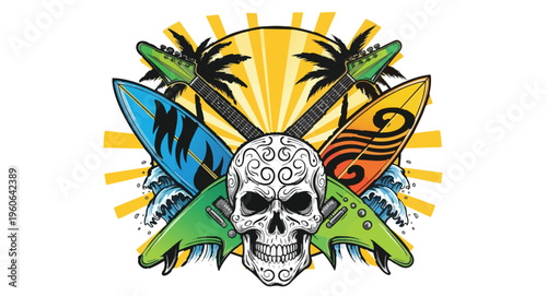 Skull with Surfboards and Guitars in Tropical Themed Design