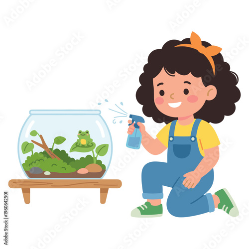 A young girl waters a frog in a terrarium on a wooden stand.