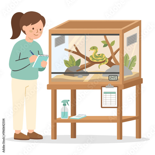 Woman observes a snake in a terrarium with plants and notes.