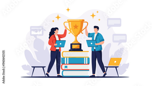 Successful students or professionals celebrate their academic or career achievement by holding a large gold trophy on a stack of books.