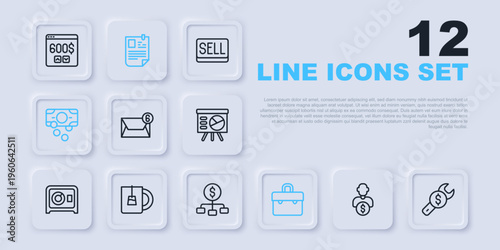 Set line Business investor, Repair price, Mail and e-mail, Briefcase, Stacks paper money cash, Cup of tea, Resume and Hierarchy with dollar icon. Vector