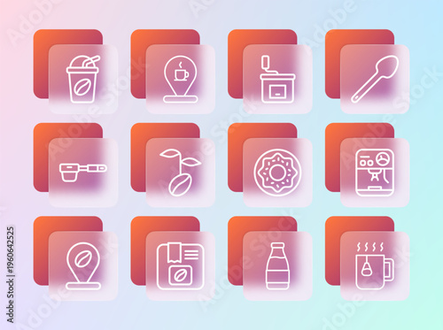 Set line Teaspoon, Bag of coffee beans, Donut, Milk bottle, Coffee, Manual grinder, Iced and Location with cup icon. Vector