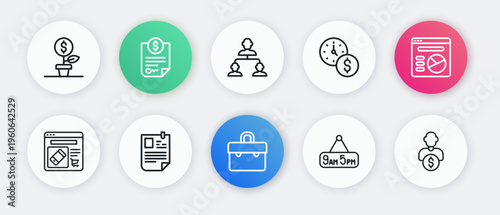 Set line Briefcase, Pie chart infographic, Online shopping on screen, From 9 to 5 job, Time is money, Employee hierarchy, Business investor and Resume icon. Vector