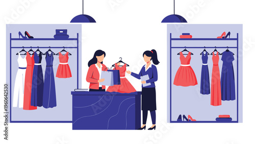 Customer receives assistance from a shop assistant at a clothing store counter surrounded by colorful dresses on racks.