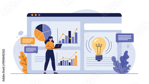 Businesswoman analyzes market data on a large screen with a glowing lightbulb symbolizing a new creative idea or successful strategy.