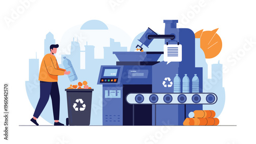 Eco friendly citizen contributes to city sustainability by disposing of plastic bottles into an automated recycling and processing machine.