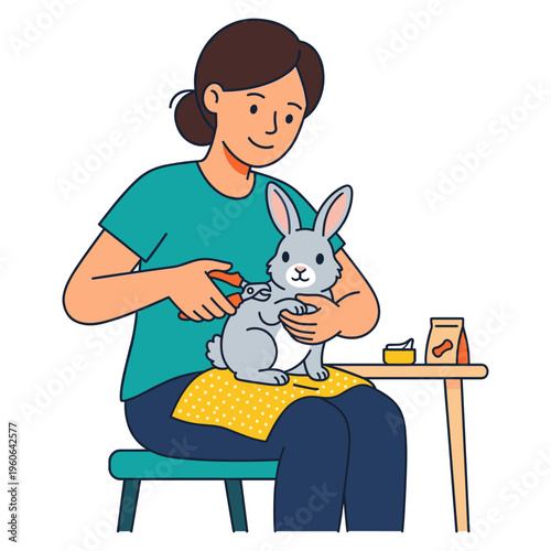 A woman gently grooms a rabbit on her lap indoors with care.