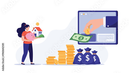 Smart homeowner manages her savings for a new property using a digital banking app and a traditional piggy bank for mortgage planning.