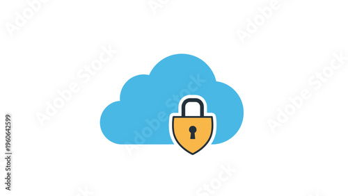 Secure cloud storage and data protection concept illustrated by a bright blue cloud with a sturdy orange padlock.