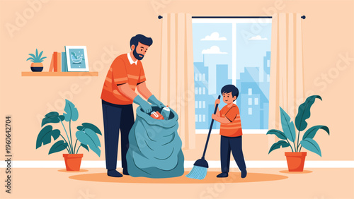 Father and son work together to clean their home by sweeping the floor and putting trash into a large blue bag.