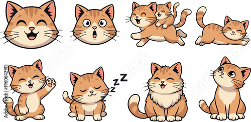 Cute Cartoon Cat Characters Set with Different Poses Sleeping Playing Sitting and Expressions Adorable Kitty Vector Illustration Collection
