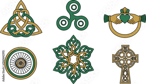 Celtic Irish Symbols Set with Trinity Knot Shamrock Claddagh Cross Spiral and Ornamental Patterns Flat Vector Illustration Collection