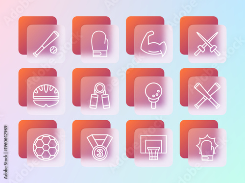 Set line Fencing, Medal, Golf ball on tee, Basketball backboard, Sport expander, Bodybuilder showing his muscles, Baseball bat with and Boxing glove icon. Vector